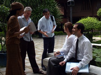 Rotary Peace Fellows discussing class at Chulalongkorn University 
in Thailand