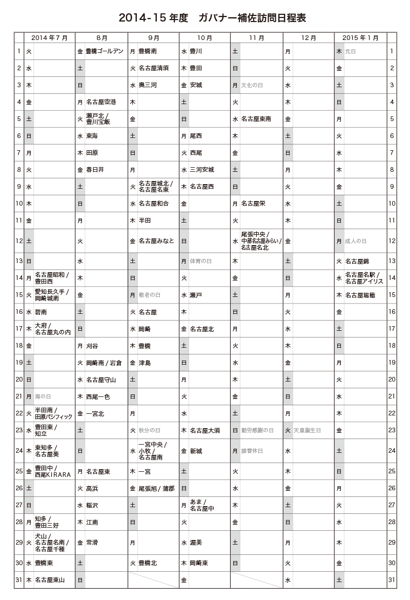 2014－15年度ガバナー補佐公式訪問日程