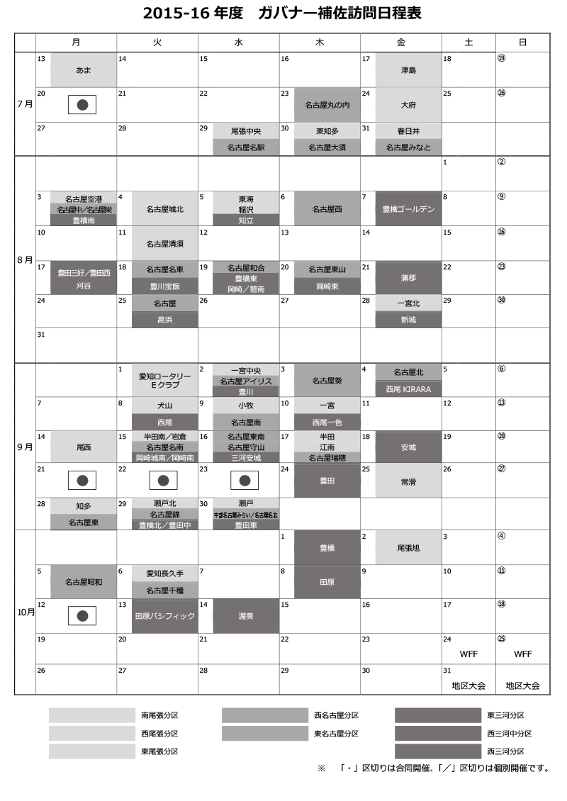 2015-16年度ガバナー補佐公式訪問日程